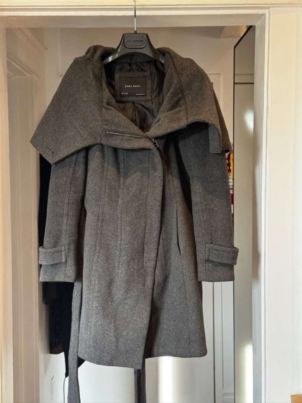 Zara Charcoal Grey Wool Hooded Coat with Belt and Oversized Cape-Style Hood